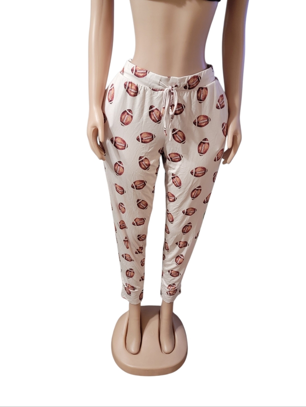 Cream Football-Print Cropped Jogger Pants